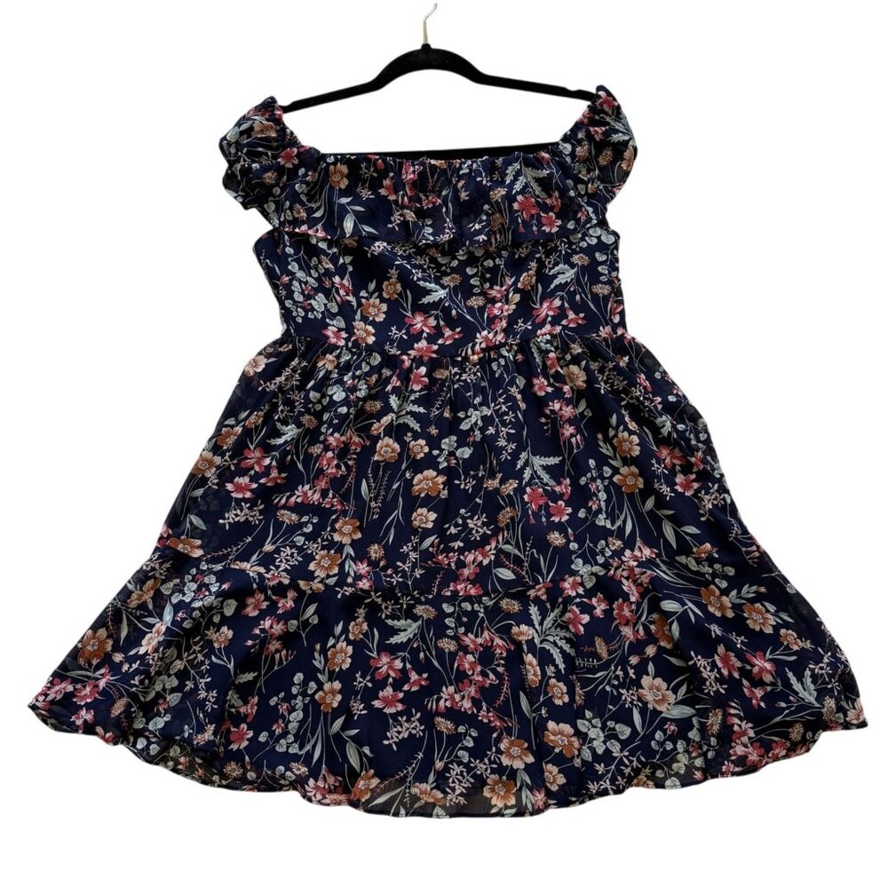 Floral Navy Ruffle Off-Shoulder Dress Womens M By Lulus Fairy Grunge CountryCore